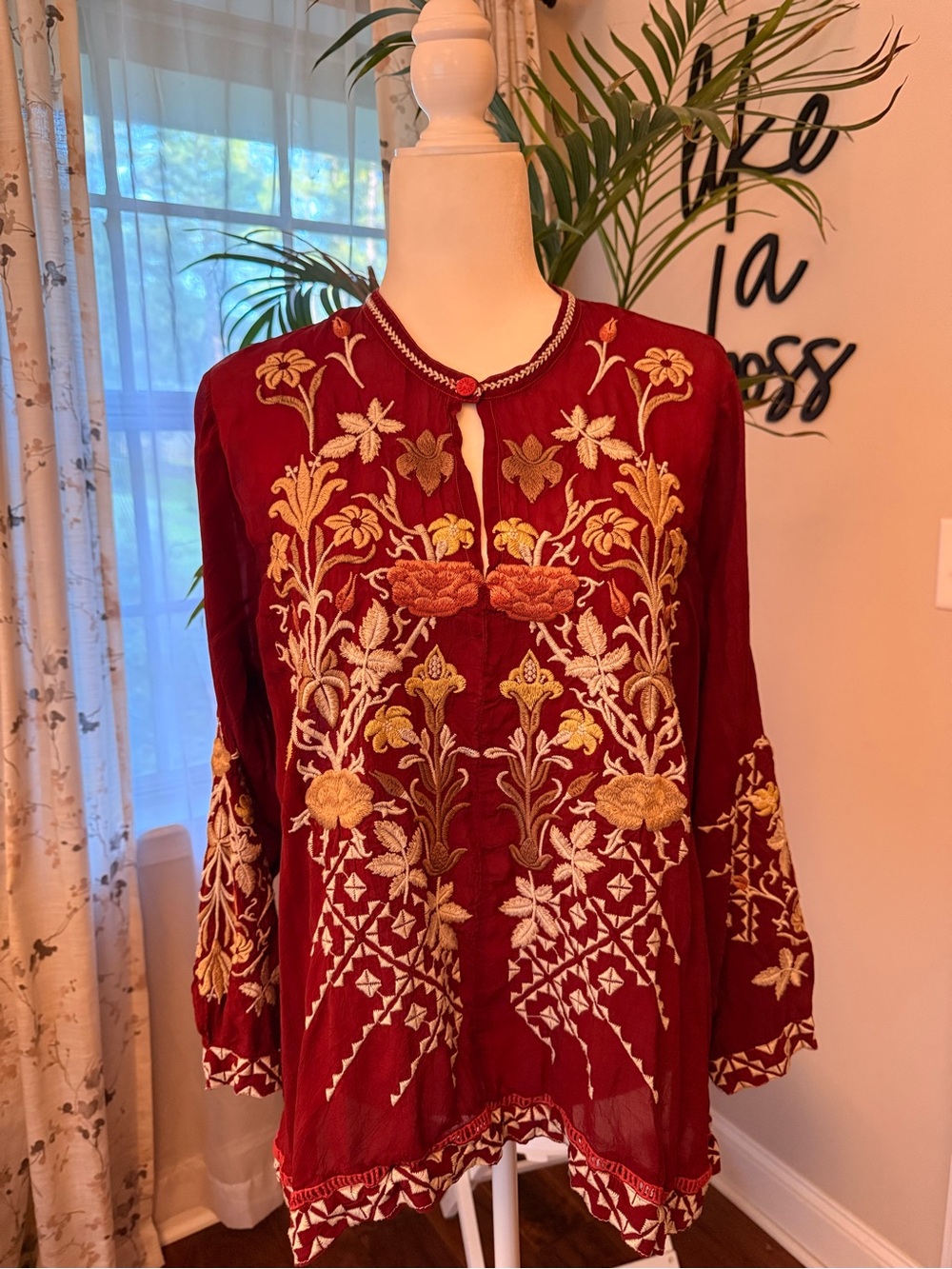 Johnny Was Women's Embroidered Red Bohemian Tunic Top